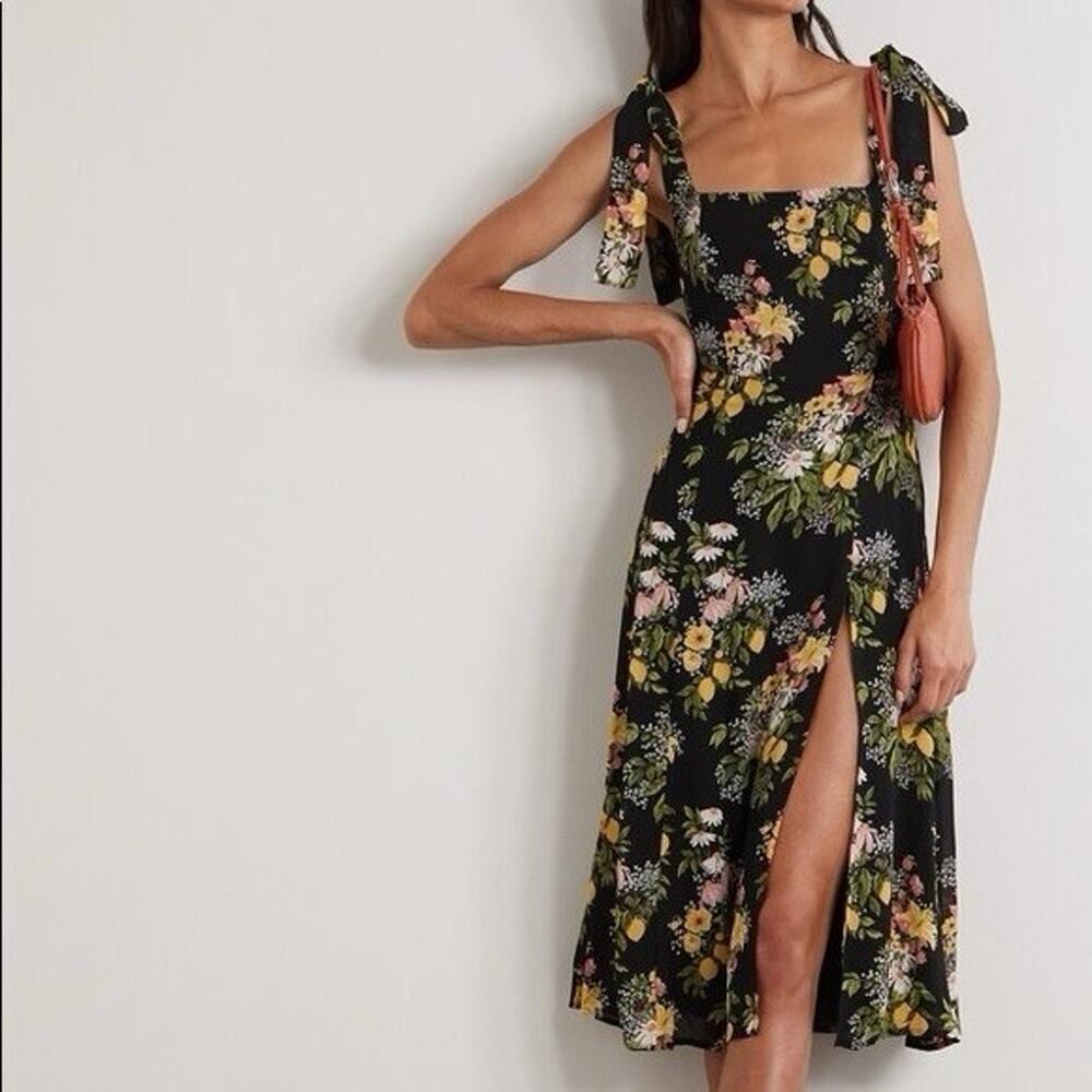 Reformation Twilight Dress Sicilia Black Floral Linen Viscose Midi Sz 4